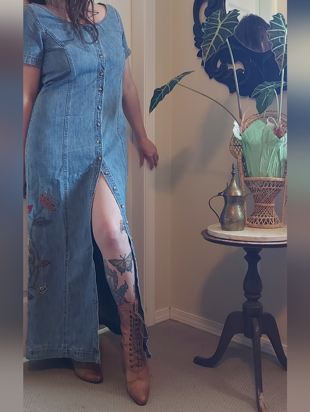 Button-Front Denim Maxi Dress with Embroidered Florals